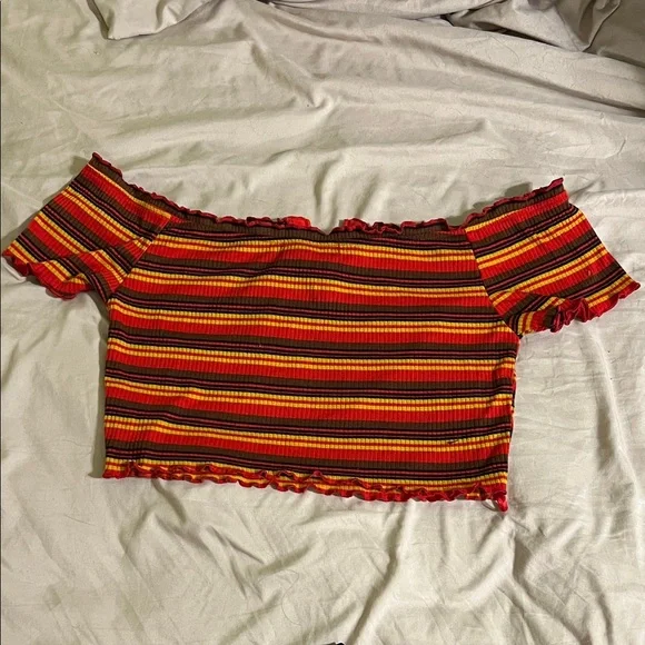 Wild Honey Red and Orange Striped Crop Top with Black Cross-Strap Top - Picture 4 of 6